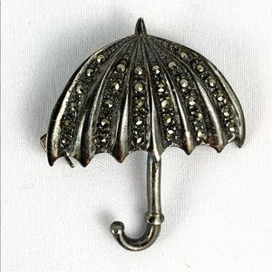 Vintage Sterling 925 Marcasite Umbrella Pin 1 1/2"